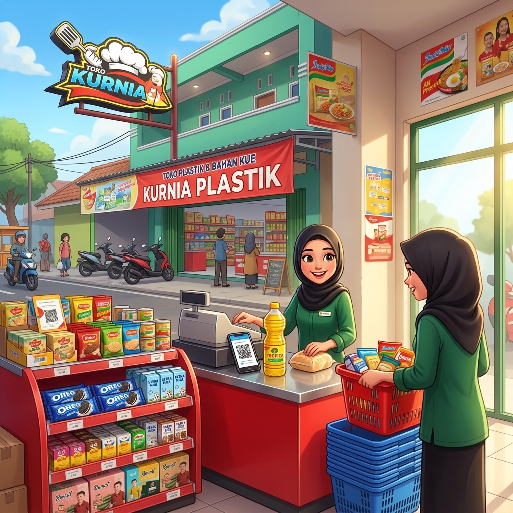 Interior Toko Kurnia — kasir, QRIS, dan rak plastik serta bahan kue